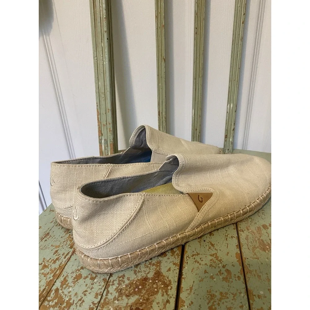 Olukai Women's Kaula Pa'a Kapa Linen Espadrilles slip on shoe Size 11 Beige EUC